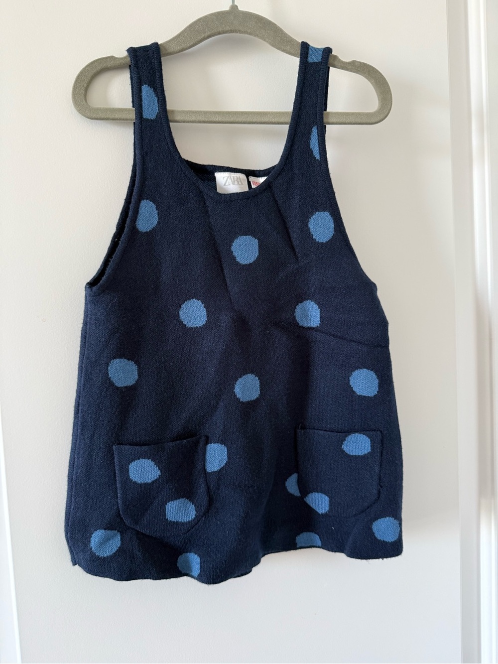 Zara Girls Navy Blue Polka Dot Knit Pinafore Dress